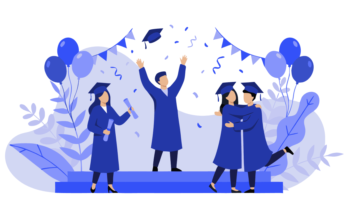 Ilustração de estudantes celebrando a formatura